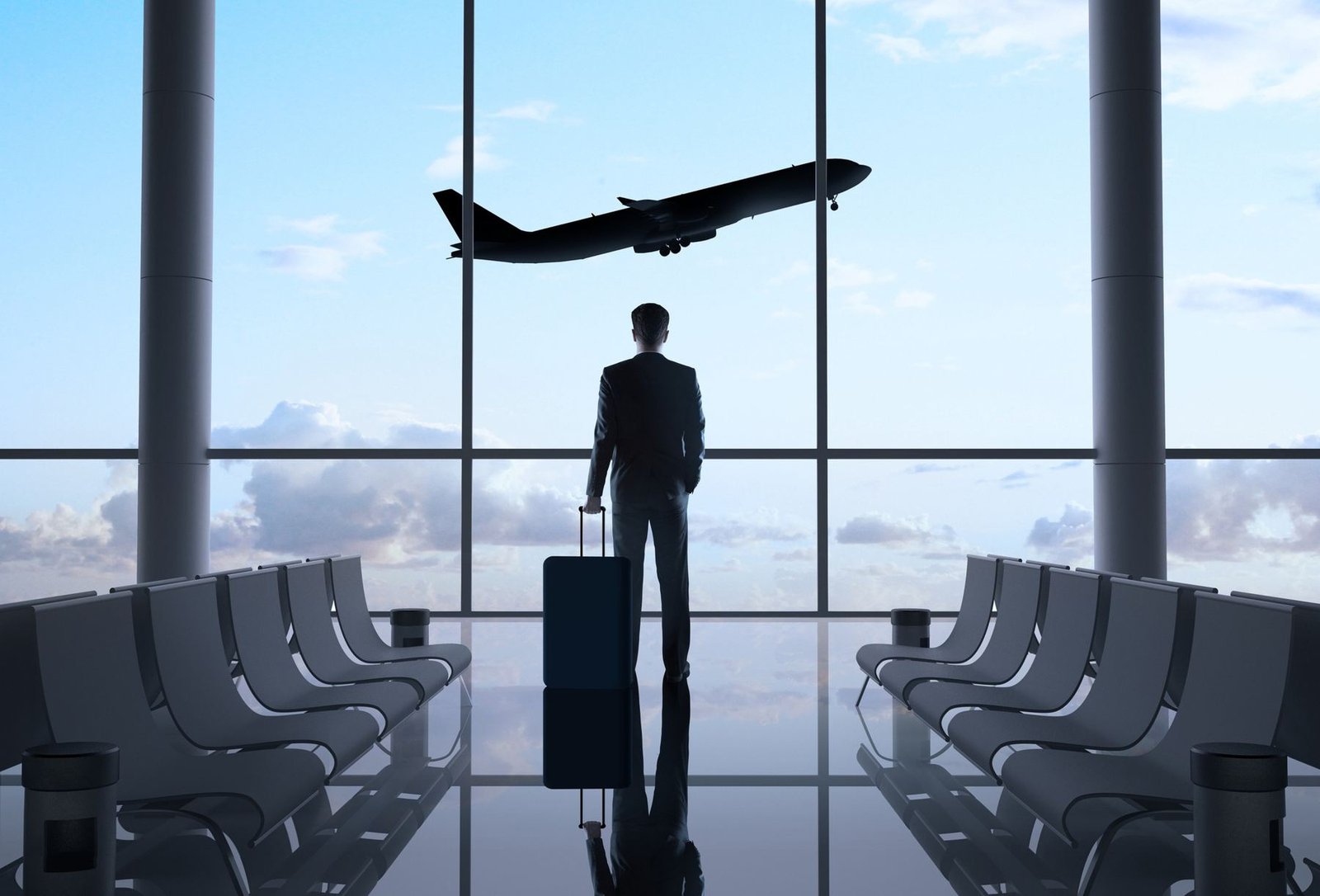 Passageiro observando um avião decolar pela janela do terminal